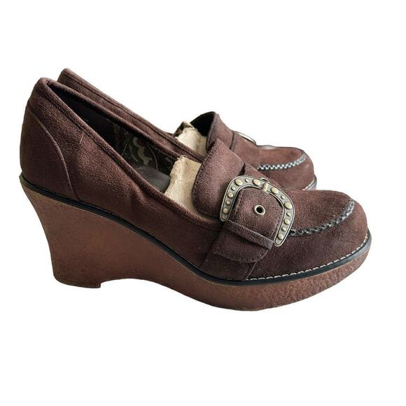 LOWER EAST SIDE Shoes - Vintage Lower‎ East Side Suede Wedge Women's 6.5 Brown Y2K Buckle Boho Chunky